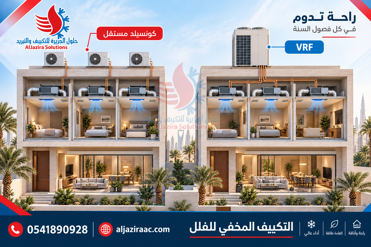التكييف المخفي للفلل: مقارنة ثلاثية الأبعاد بين الكونسيلد المستقل ونظام VRF